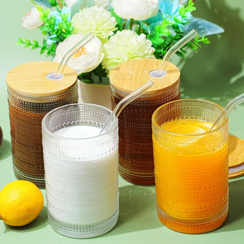 CWHHRN 15 Oz Glass Cups with Lids and Straws, Vintage Embossed Glassware for Whiskey Cocktail Beer, Iced Coffee Cup with Lid (2 PACK) - Image 4