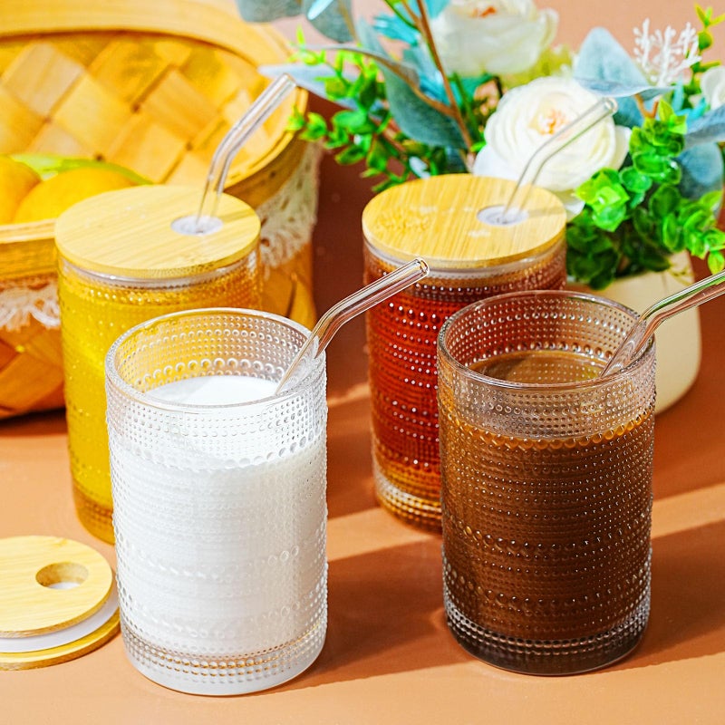 CWHHRN 15 Oz Glass Cups with Lids and Straws, Vintage Embossed Glassware for Whiskey Cocktail Beer, Iced Coffee Cup with Lid (2 PACK) - Image 5