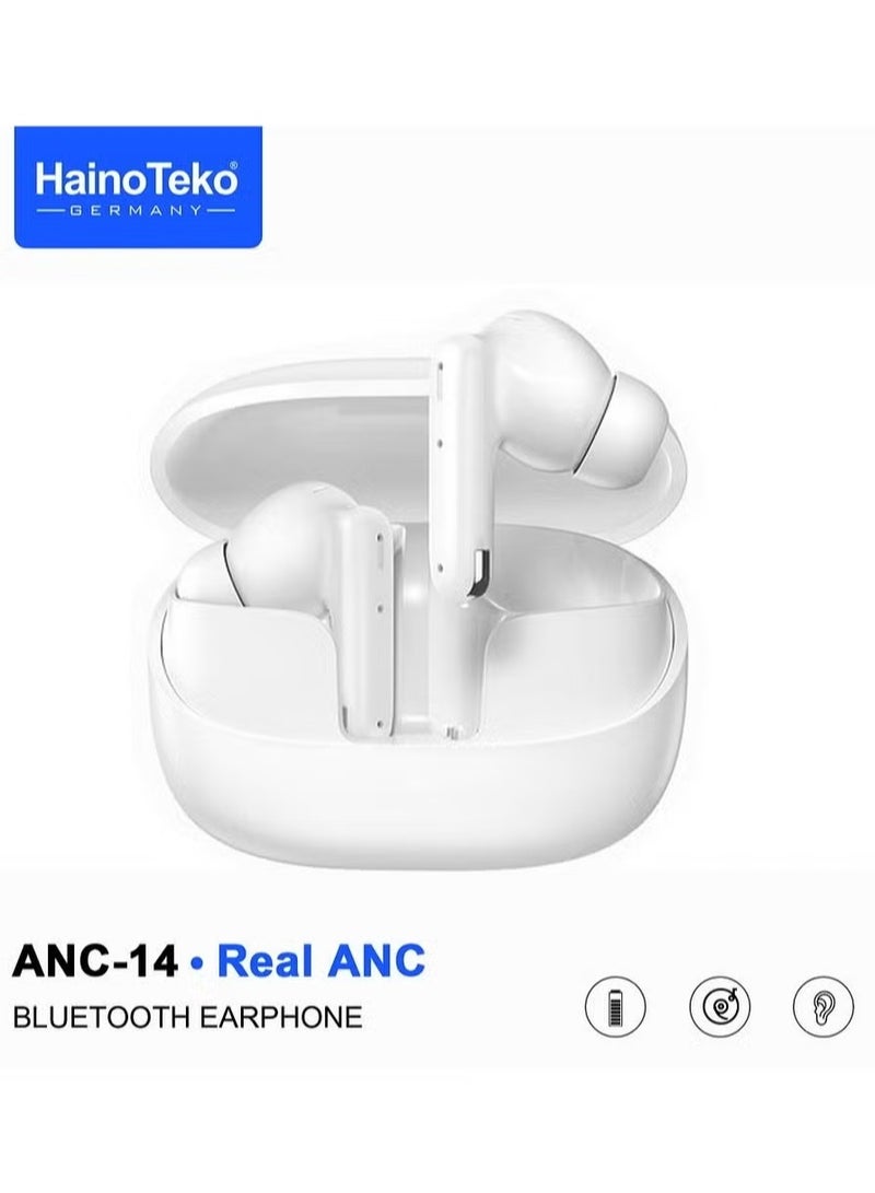 Haino Teko ANC-14 Bluetooth Earphones with Real Active Noise Cancellation, Bass Music Experience, Super Clear Microphone & Multi-Functional Touch Control – Compatible with Android Mobiles & Tablets – Wireless White Earbuds for Premium Sound & Clear Calls - Image 1