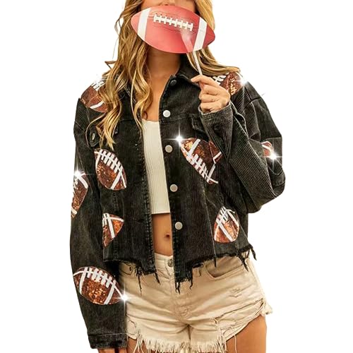 SeekMe Women's Cropped Corduroy Jacket Football Sequin Patched Short Button Raw Hem Jacket Coat(1756-Black-M-FY) - Image 1