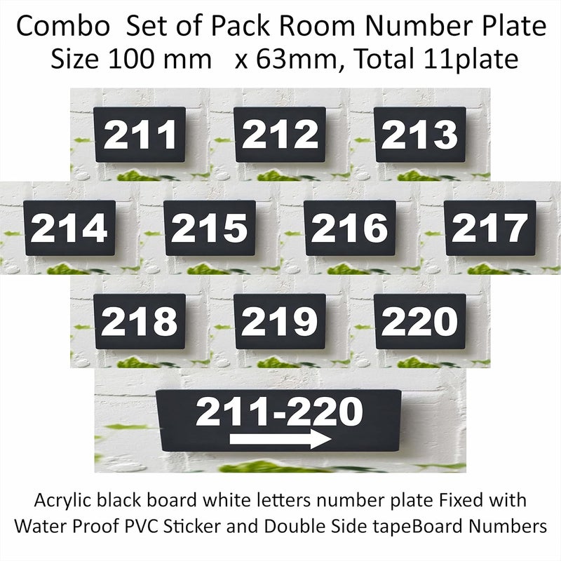 RL Digital Units Number Plate 211-220 , Combo pack 11 Number Plate Room, Hotel, Hospital, Lodge,Apartment, Flat,Door No,College, Library, Rack Numbers Warehouse,, Acrylic black board with white letters number plate fixed with water proof pvc sticker and strong double side tape - Image 2