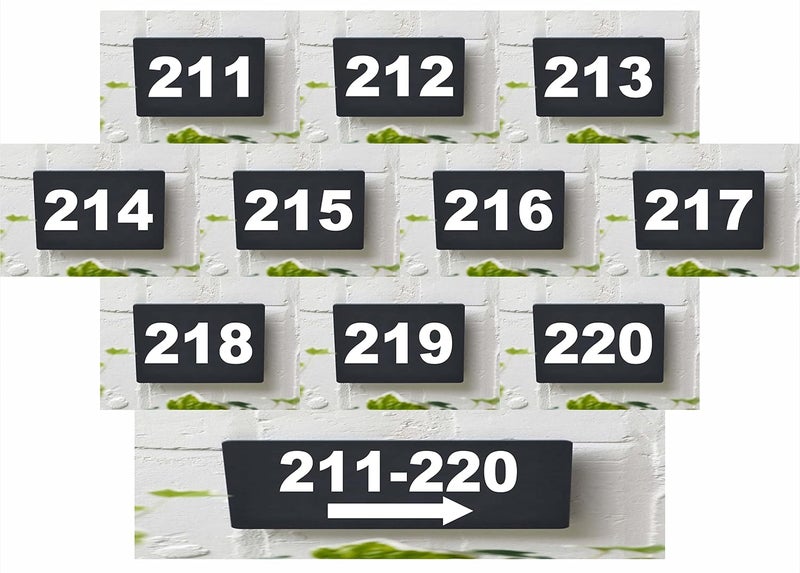 RL Digital Units Number Plate 211-220 , Combo pack 11 Number Plate Room, Hotel, Hospital, Lodge,Apartment, Flat,Door No,College, Library, Rack Numbers Warehouse,, Acrylic black board with white letters number plate fixed with water proof pvc sticker and strong double side tape - Image 1