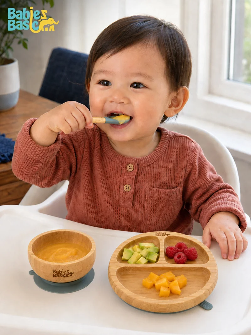 Babies Basic Babies Basic Bamboo plate, Bowl with suction and Silicone Spoon for Kids, Indigo