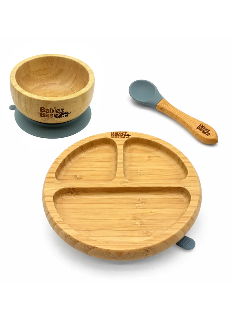 Babies Basic Babies Basic Bamboo plate, Bowl with suction and Silicone Spoon for Kids, Indigo
