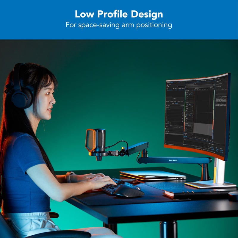 Mount-It! Mic Arm, Microphone Boom Arm, Adjustable Full Motion Mic Desk Mount, for Streaming, Gaming, Podcast, Recording, 3/8" and 5/8" Compatible, Low Profile Design, Height up to 27.8", Black - Image 2