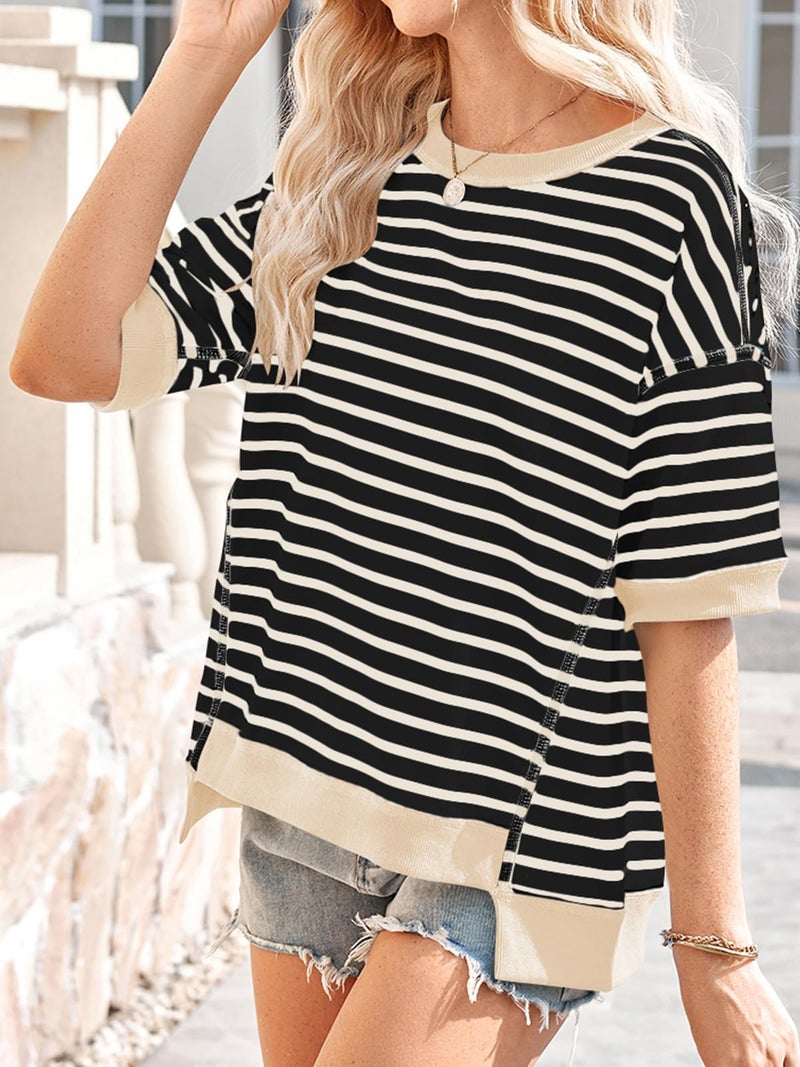 Poetsky Womens T Shirts Crewneck Short Sleeve Sweatshirt Knitted Top Loose Color Block Summer Shirt Oversized Blouses Casual Spring Tops High Low, Black White Stripe, M - Image 4