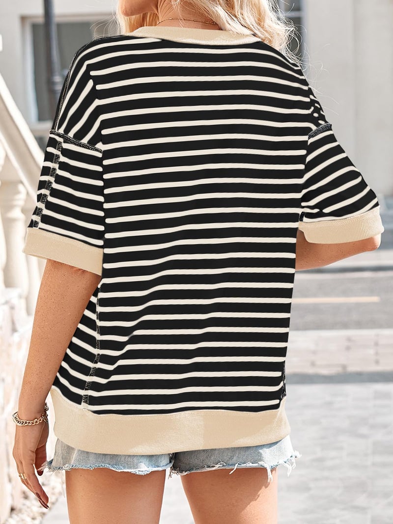 Poetsky Womens T Shirts Crewneck Short Sleeve Sweatshirt Knitted Top Loose Color Block Summer Shirt Oversized Blouses Casual Spring Tops High Low, Black White Stripe, M - Image 3