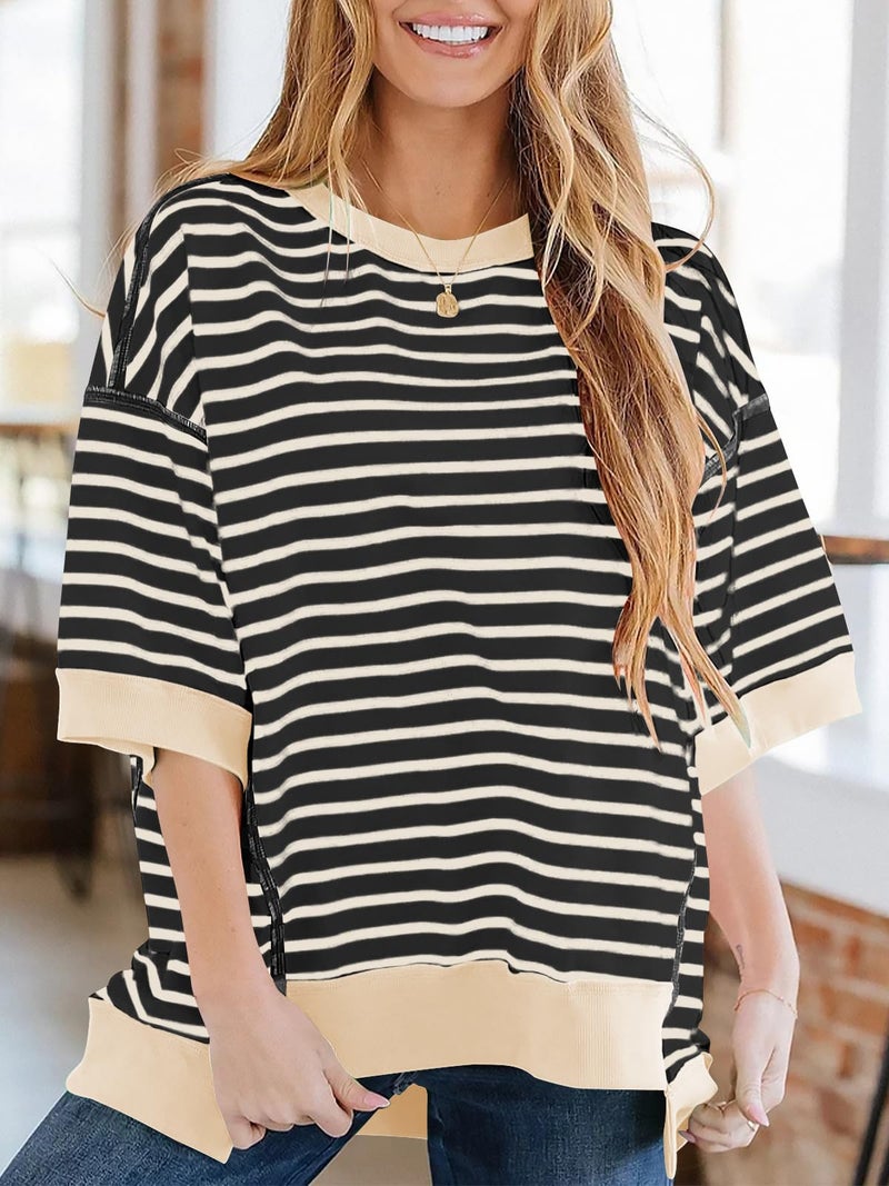 Poetsky Womens T Shirts Crewneck Short Sleeve Sweatshirt Knitted Top Loose Color Block Summer Shirt Oversized Blouses Casual Spring Tops High Low, Black White Stripe, M - Image 2