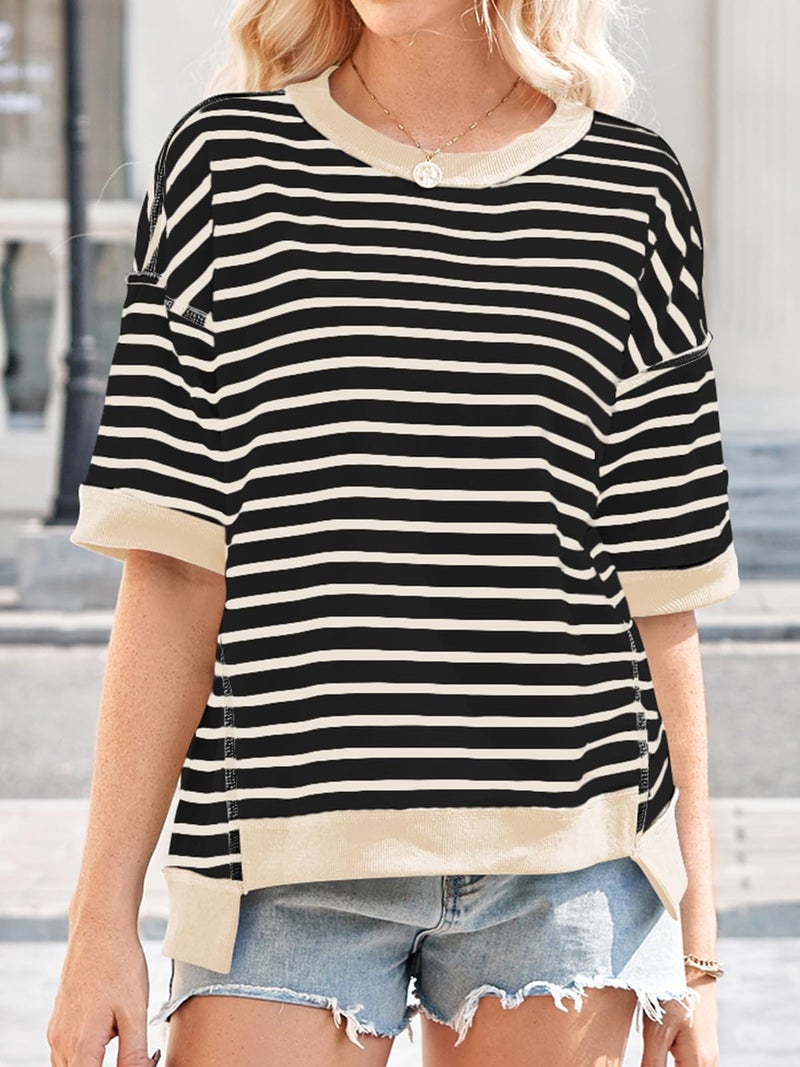 Poetsky Womens T Shirts Crewneck Short Sleeve Sweatshirt Knitted Top Loose Color Block Summer Shirt Oversized Blouses Casual Spring Tops High Low, Black White Stripe, M - Image 5