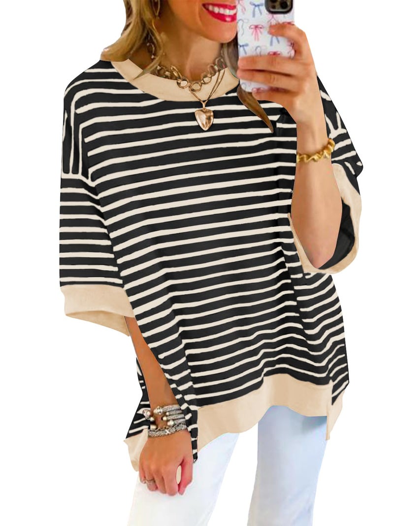 Poetsky Womens T Shirts Crewneck Short Sleeve Sweatshirt Knitted Top Loose Color Block Summer Shirt Oversized Blouses Casual Spring Tops High Low, Black White Stripe, M - Image 1