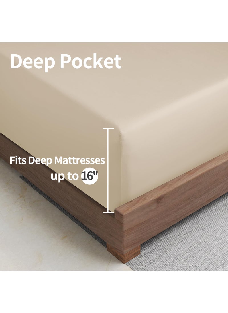 Zaizaihome 2 Pack Bamboo Viscose Cooling Fitted Sheet Queen Size Only  400 Thread Count  16"" Deep Pocket Cooling Bottom Sheets for Hot Sleeper  Silky Soft Breathable (Queen  Beige  - Image 5
