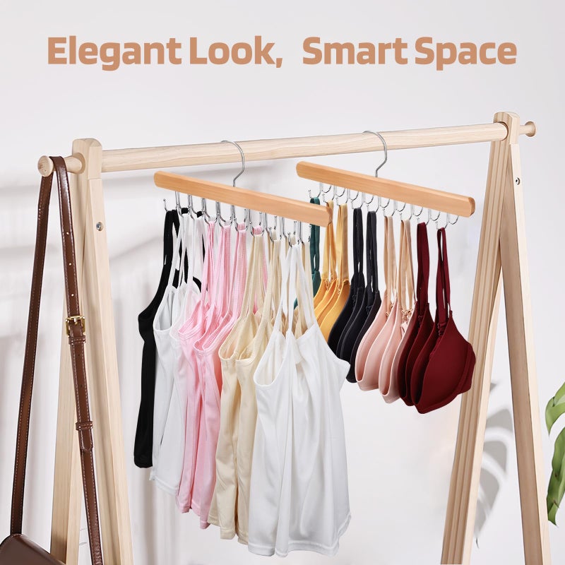 NECAMOCU 2 Pack Bra Hanger for Closet Organizer, Premium Wooden Tank Top Hangers with 36 Foldable Hooks, 360Â° Rotating Design, Space Saving Storage for Tank Tops, Bras, Scarves and More - Image 2