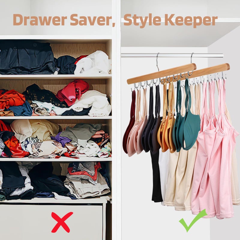 NECAMOCU 2 Pack Bra Hanger for Closet Organizer, Premium Wooden Tank Top Hangers with 36 Foldable Hooks, 360Â° Rotating Design, Space Saving Storage for Tank Tops, Bras, Scarves and More - Image 4