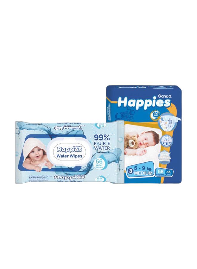 هابيس حفاضات اطفال وسط (مقاس 3) 58 حفاضة + مناديل مبللة 56 ق - Image 1