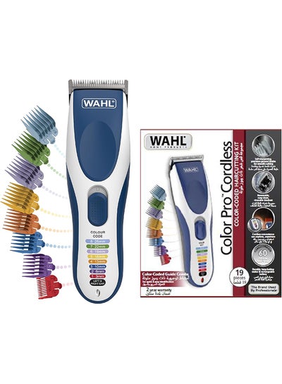 WAHL Color Pro Cordless Hair Clipper Kit, Rechargeable Hair Clipper, Detail Trimmer, Mini Foil Shaver, 12 Colour Coded Comb Attachments, 60 Minutes Run Time, Blue/White Trimmer (09649-1627) Multicolour