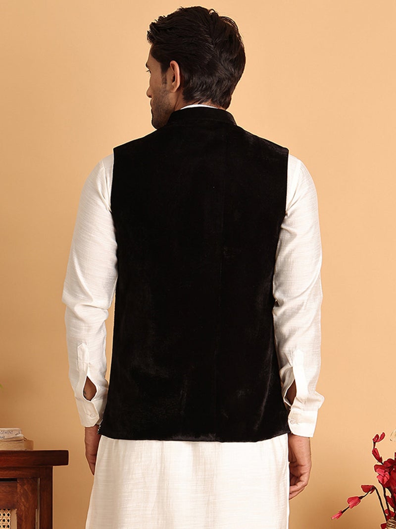 NOZ2TOZ Black Embroidered Velvet Nehru Jacket for Men - Image 3