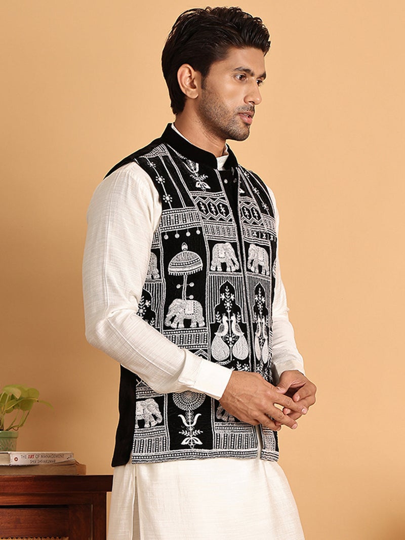 NOZ2TOZ Black Embroidered Velvet Nehru Jacket for Men - Image 2