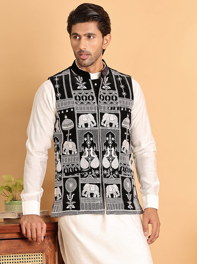 NOZ2TOZ Black Embroidered Velvet Nehru Jacket for Men - Image 1