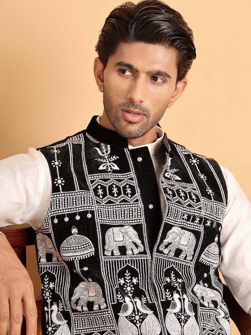 NOZ2TOZ Black Embroidered Velvet Nehru Jacket for Men - Image 5