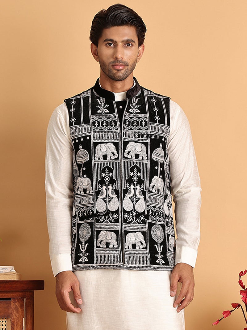 NOZ2TOZ Black Embroidered Velvet Nehru Jacket for Men - Image 4
