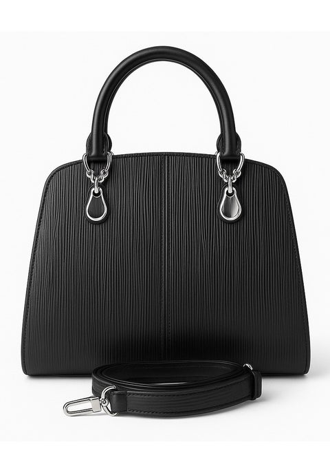 Elegant women's bag in grained leather with a short handle and a long, detachable strap.-black