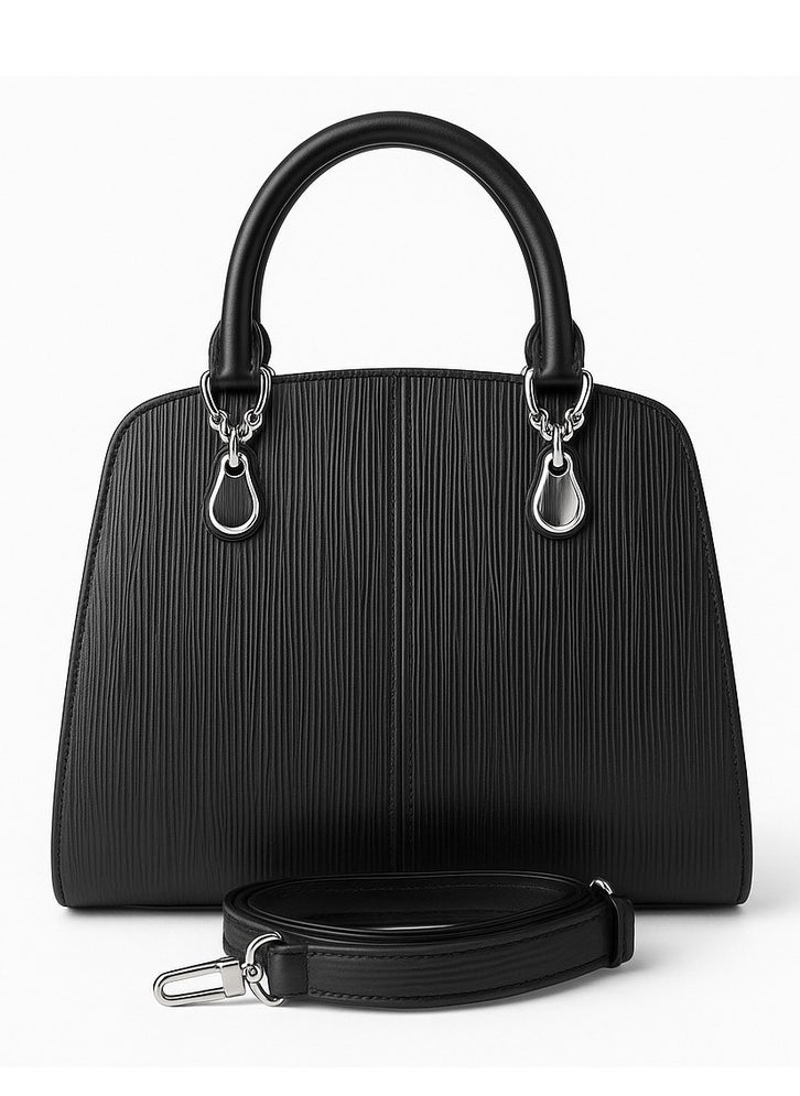 Elegant women's bag in grained leather with a short handle and a long, detachable strap.-black