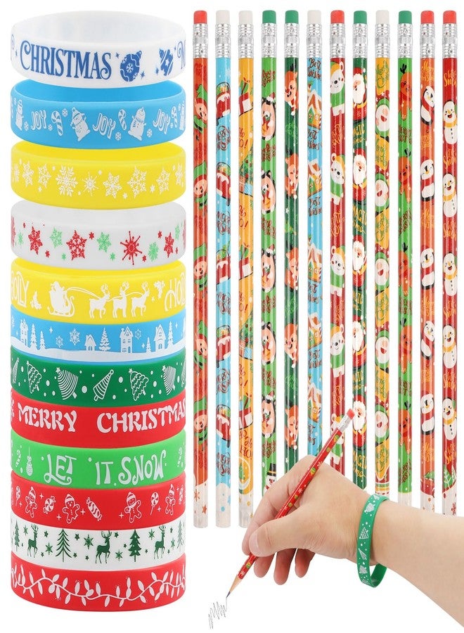 LOAVER 48 Pack Christmas Pencils Set,24 Pcs Christmas Pencils and 24 Pcs Silicone Bracelets Holiday Wristbands for Christmas Party Classroom Gifts Rewards Office Supplies Stocking Stuffers - Image 1