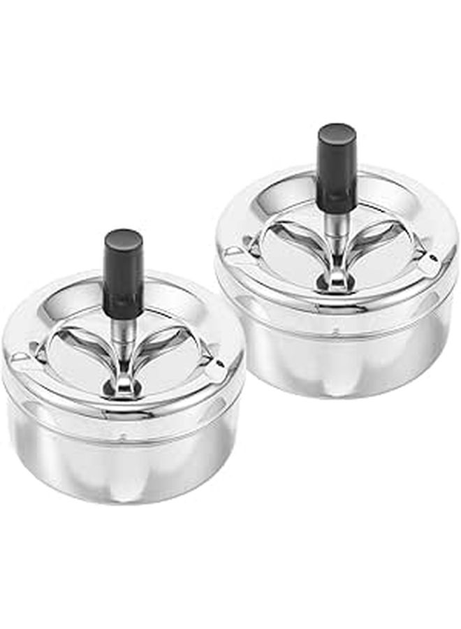 2 Silver Metal Push Down Rotating Ashtray With Lid Windproof For Indoor Outdoor - Image 1