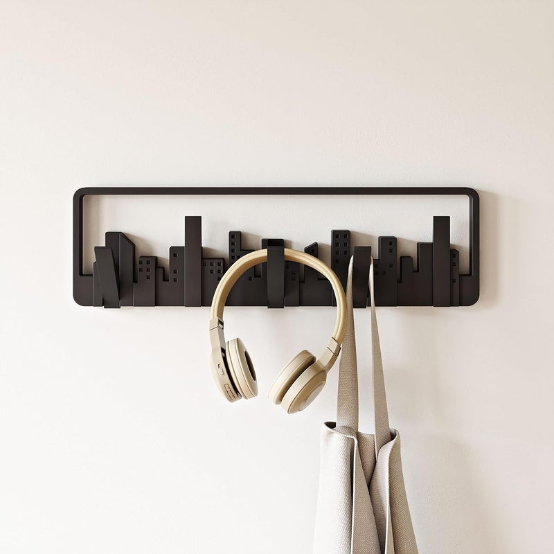 UMBRA Skyline Wall Mounted Coat Rack, Modern, Unique, Coat Hanger with 5 Retractable Hooks to Hang Coats, Scarfs, Purses and More, Doubles as Wall Art, Black - Image 2
