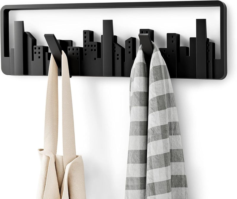 UMBRA Skyline Wall Mounted Coat Rack, Modern, Unique, Coat Hanger with 5 Retractable Hooks to Hang Coats, Scarfs, Purses and More, Doubles as Wall Art, Black - Image 1