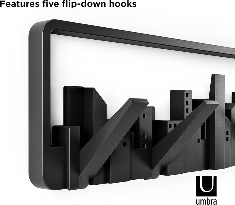 UMBRA Skyline Wall Mounted Coat Rack, Modern, Unique, Coat Hanger with 5 Retractable Hooks to Hang Coats, Scarfs, Purses and More, Doubles as Wall Art, Black - Image 4