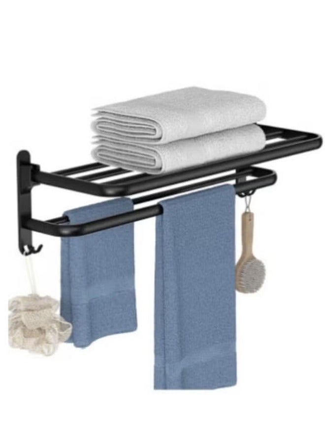 رف منشفة الحمام Organlzer غير ثقب تخزين رف جدار منشفة قابلة للطي رف مع منشفة بار تخزين رف فرشاة حامل للطي مناشف كبيرة فندق منشفة رف جدار مثبت مع خطائف (أسود) - Image 1