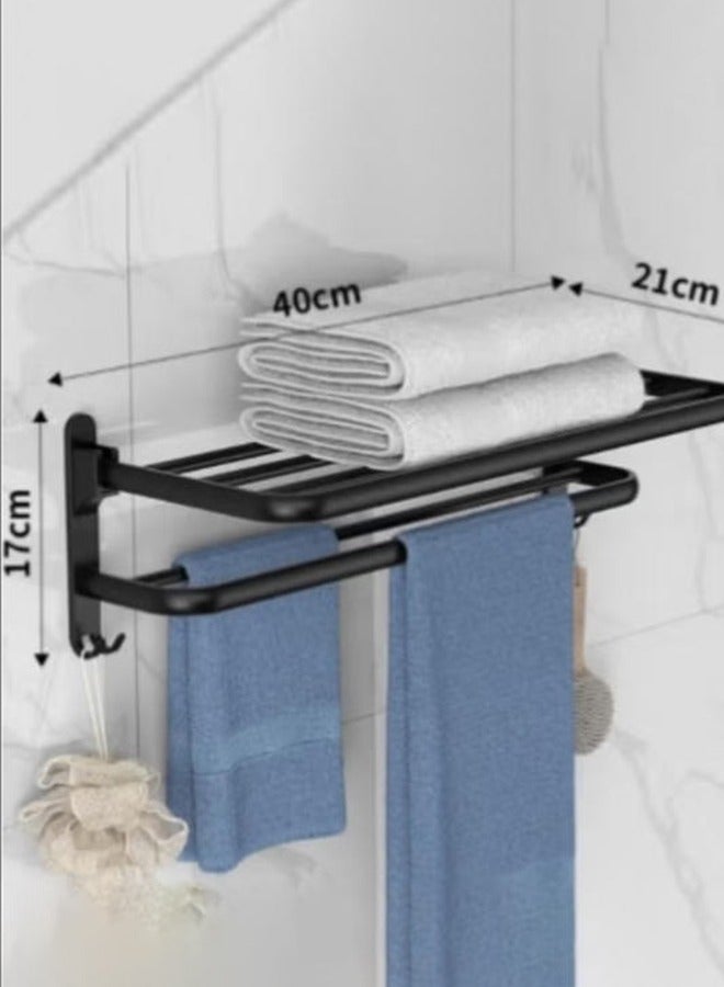 رف منشفة الحمام Organlzer غير ثقب تخزين رف جدار منشفة قابلة للطي رف مع منشفة بار تخزين رف فرشاة حامل للطي مناشف كبيرة فندق منشفة رف جدار مثبت مع خطائف (أسود) - Image 2