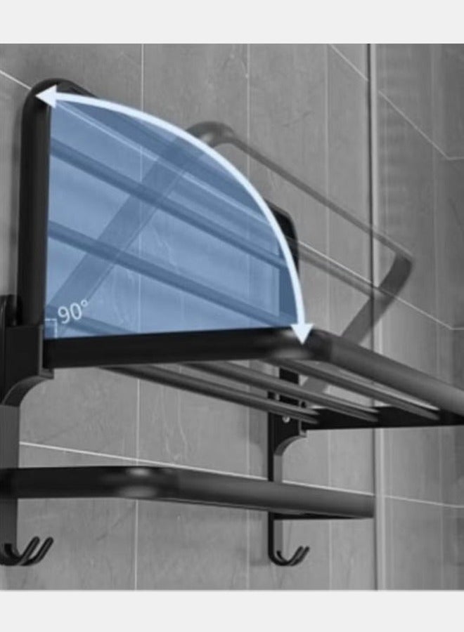 رف منشفة الحمام Organlzer غير ثقب تخزين رف جدار منشفة قابلة للطي رف مع منشفة بار تخزين رف فرشاة حامل للطي مناشف كبيرة فندق منشفة رف جدار مثبت مع خطائف (أسود) - Image 5