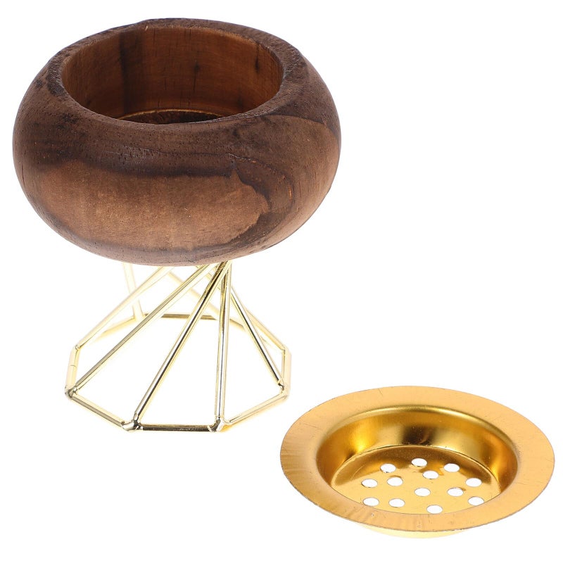 Vintage Octagonal Black Wooden Incense Burner Holder With Gold Metal Accent - Image 2
