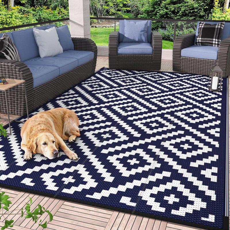 GENIMO Outdoor Rug for Patio Clearance,6'x9' Waterproof Mat,Reversible Plastic Camping Rugs,Rv,Deck,Porch,Camper,Balcony,Backyard (Navy Blue & White) - Image 1