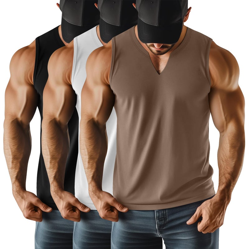 Riyiper 3 Pack Mens Sleeveless Tank Tops V Neck Longline Henley T Shirts Casual Basic Muscle Shirts Stretch Athletic TeeBlack White Light KhakiSmall - Image 2