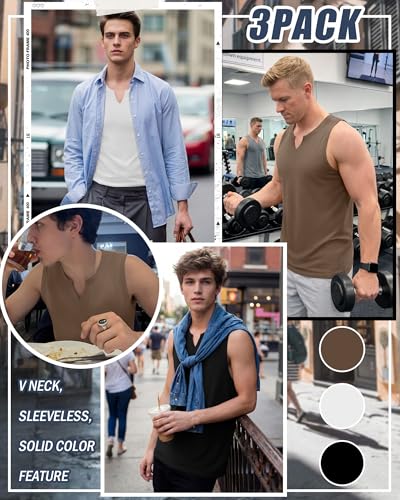 Riyiper 3 Pack Mens Sleeveless Tank Tops V Neck Longline Henley T Shirts Casual Basic Muscle Shirts Stretch Athletic TeeBlack White Light KhakiSmall - Image 3