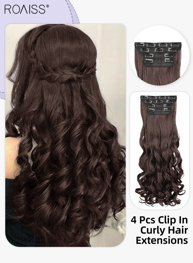 roaiss 4 Pcs Clip in Curly Hair Extensions, Invisible Adjustable Long Synthetic Heat Resistant Hairpieces for Women Girls, Dark Brown, 51cm (20 inches) - Image 1