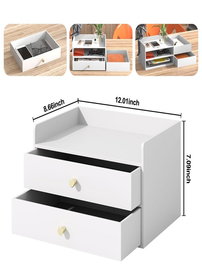 APRTAT Bamboo Desk Organizer with Drawers Wooden Desktop Storage Organization Box for Bills Office Supplies Kitchen Utensils Organizing Tool for Home Classroom Vanity, No Assembly Required (2 Drawers, White) - Image 2