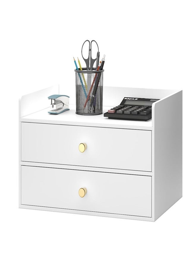 APRTAT Bamboo Desk Organizer with Drawers Wooden Desktop Storage Organization Box for Bills Office Supplies Kitchen Utensils Organizing Tool for Home Classroom Vanity, No Assembly Required (2 Drawers, White) - Image 1