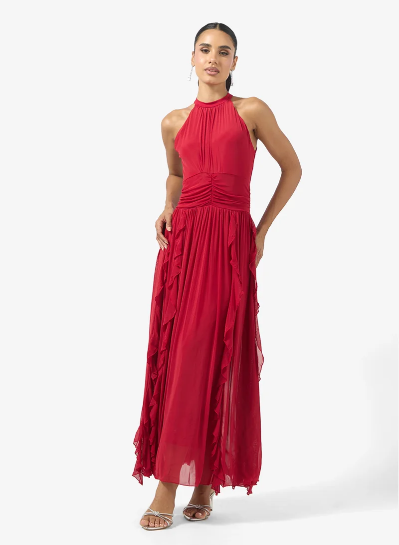 Ginger Halter Neck Frill Detail A Line Dress