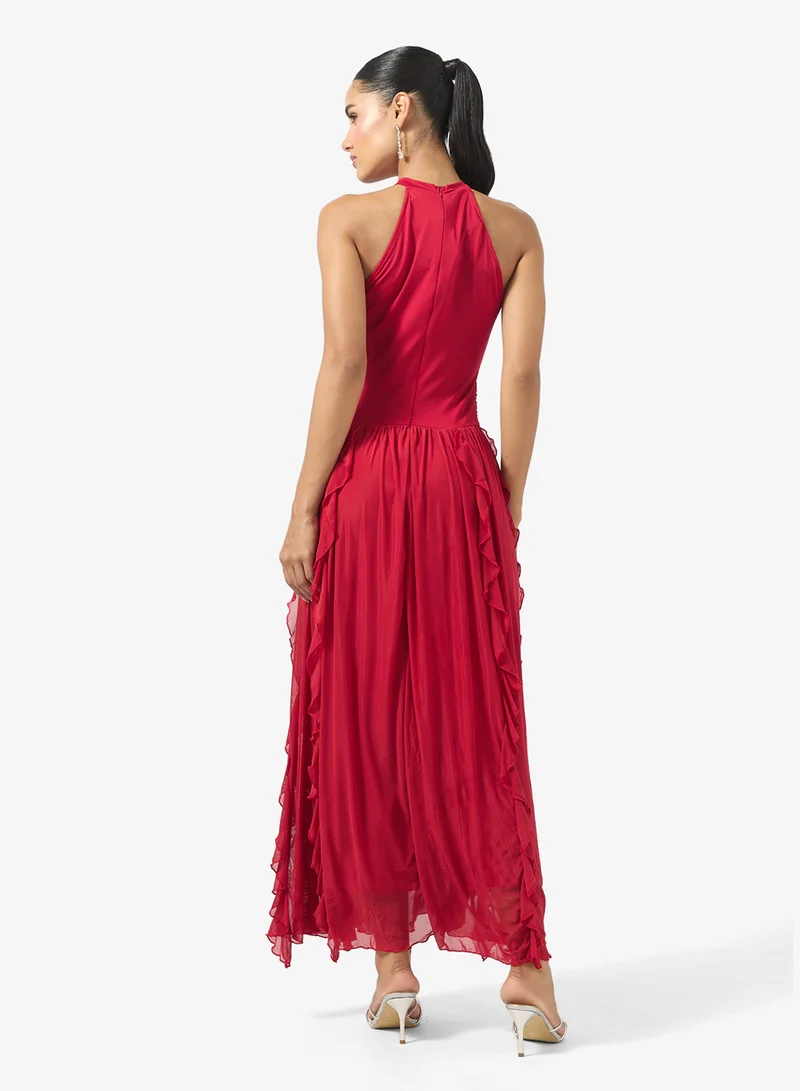 Ginger Halter Neck Frill Detail A Line Dress