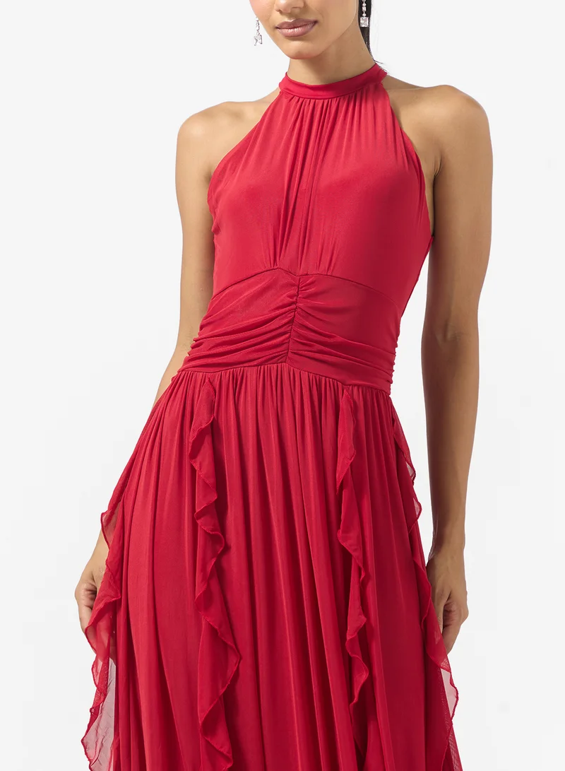 Ginger Halter Neck Frill Detail A Line Dress