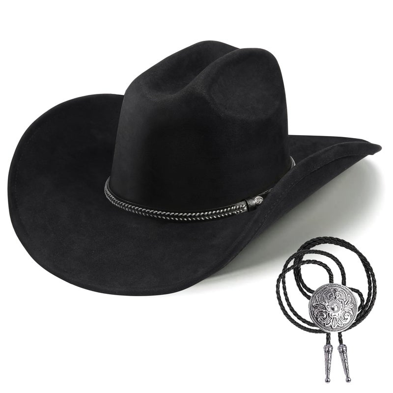 Foeran Classic Western Suede Cowboy Hat for Men's Women's,Wide Brim Felt Fedora Cowgirl Hats for Cowboy and Cowgirl (US, Alpha, Medium, Large, Black-B) - Image 1
