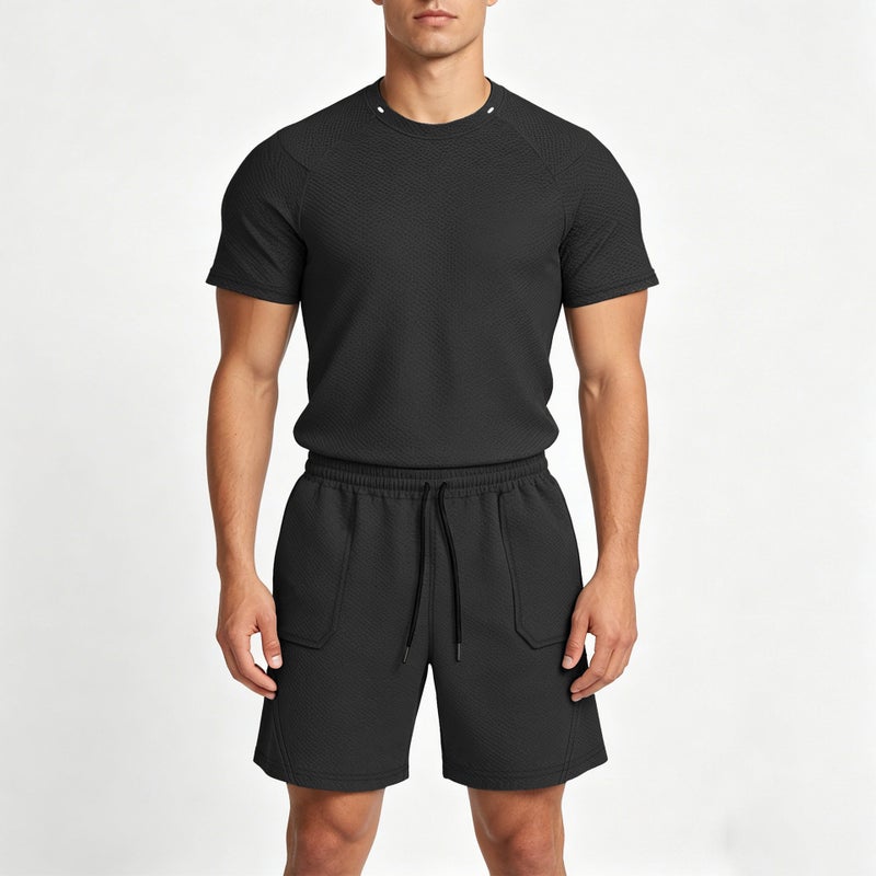 Men's Summer Sportswear Men's Suit American-Style Youth Honeycomb Texture Men's Casual Suit Short-Sleeved Shorts