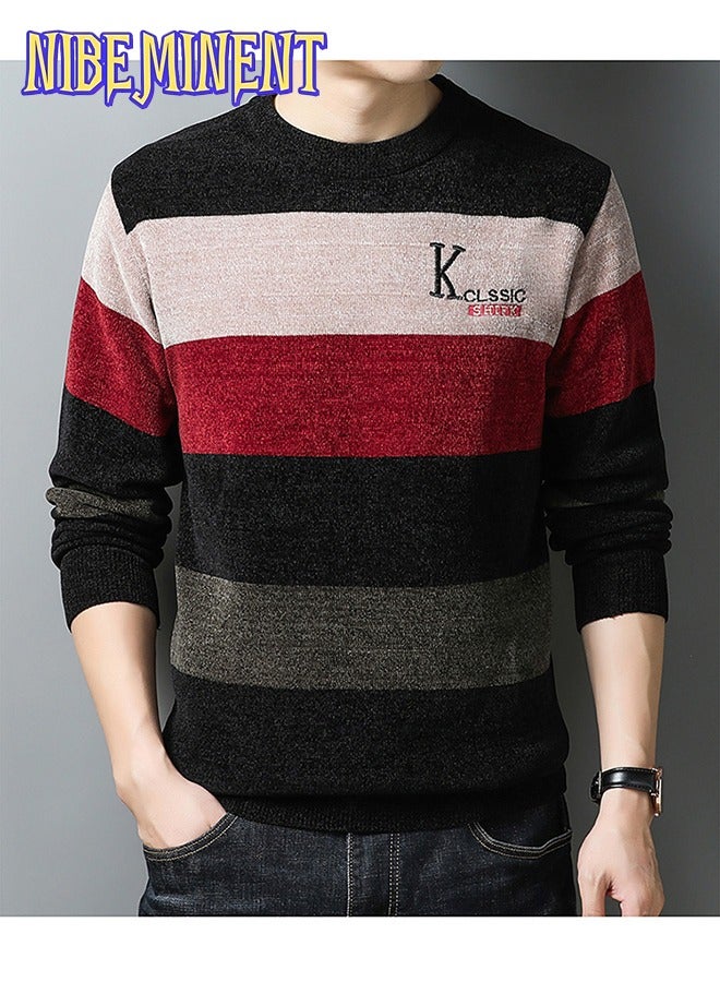 NIBEMINENT All Match Knitted Color Block Sweater, Men's Casual Warm High Stretch Crew Neck Pullover Sweater For Men Fall Winter  - Image 1