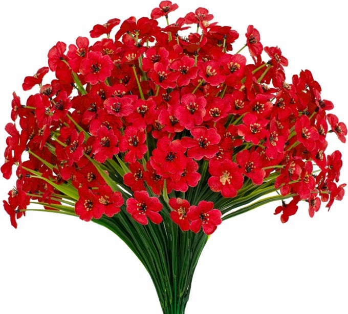15 BUNDLES ARTIFICIAL FLOWERS UV RESISTANT OUTDOOR PLANTS NO FADE FAUX PLASTIC SHRUBS FAKE SILK FLOWERS WINDOW BOX GARDEN PORCH HOME DECORATIONRED