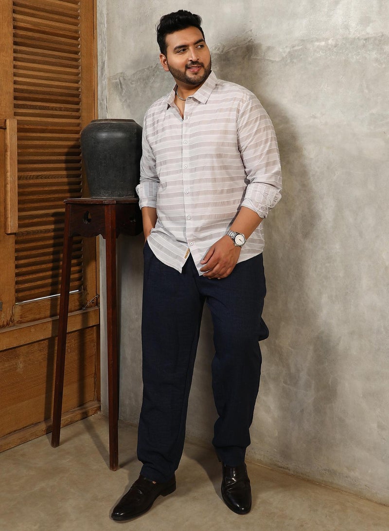 Instafab Plus Men's Off-White Parallel-Stripe Shirt For Casual Wear | Spread Collar | Long Cuffed Sleeves | Button Closure | Plus Size Shirt Crafted With Comfort Fit For Everyday Wear - Image 5