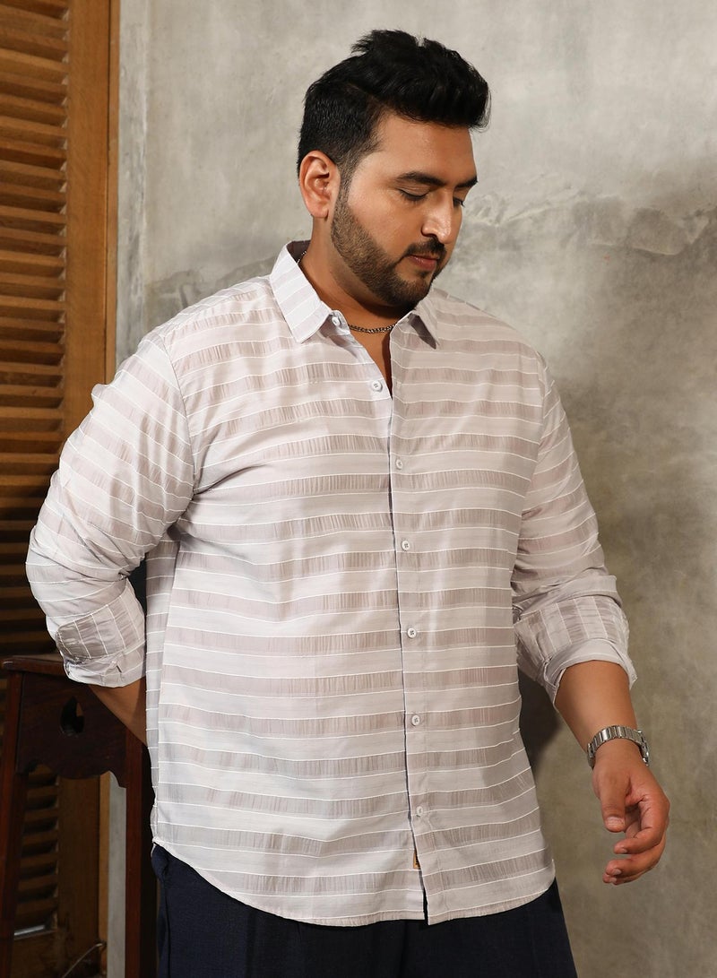 Instafab Plus Men's Off-White Parallel-Stripe Shirt For Casual Wear | Spread Collar | Long Cuffed Sleeves | Button Closure | Plus Size Shirt Crafted With Comfort Fit For Everyday Wear - Image 3